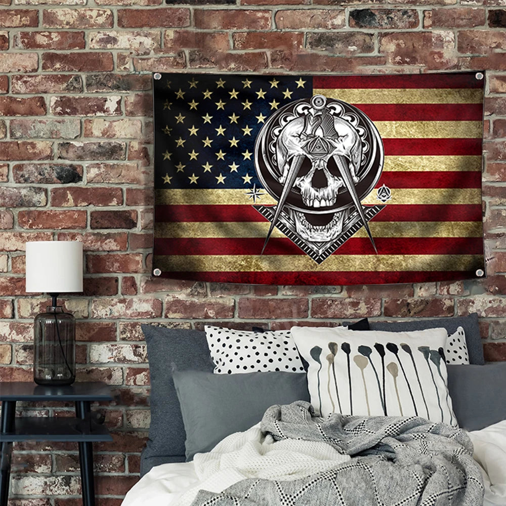 Masonic Flag Banner Polyester 3x5FT Hang on the Wall 4 Grommets Indoor Decoration WIDOW'S SON Mason Retro USA Flags