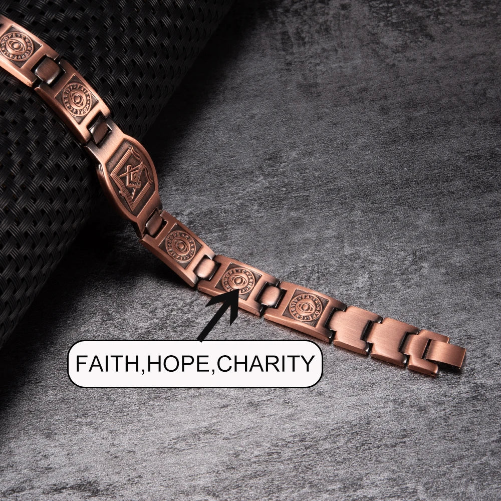 Masonic Magnetic Bracelet Copper 12mm Wristband Magnetic Men Bracelet Arthritis Vintage Ethnic Tribal Eye Health Energy Bracelet