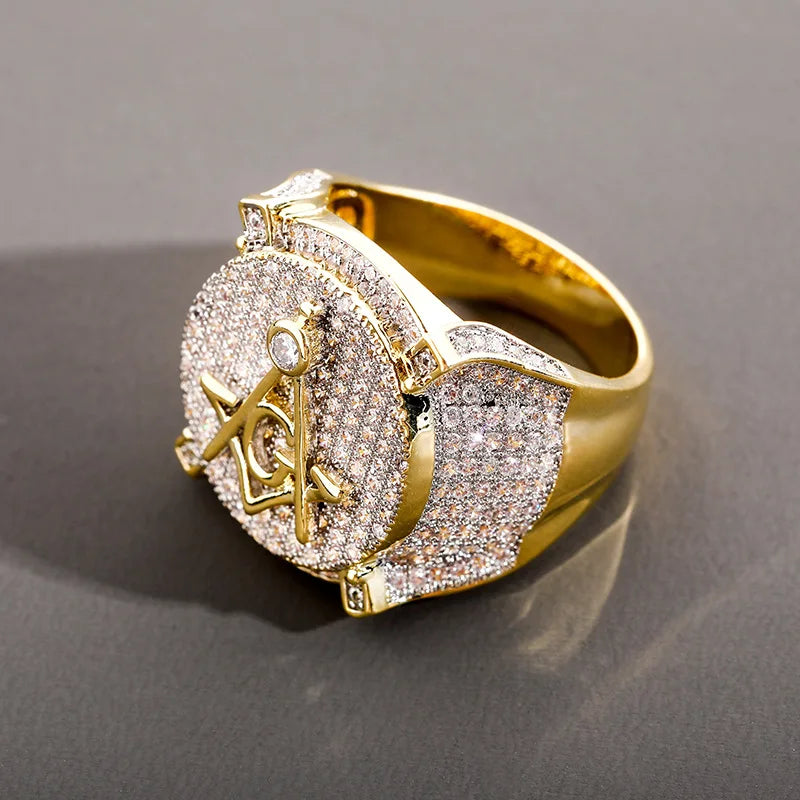 NEW Hip Hop Gold Color Plated Brass Iced Out Micro Pave Cubic Zircon Masonic Ring Charm for Men Gifts With 7 8 9 10 11