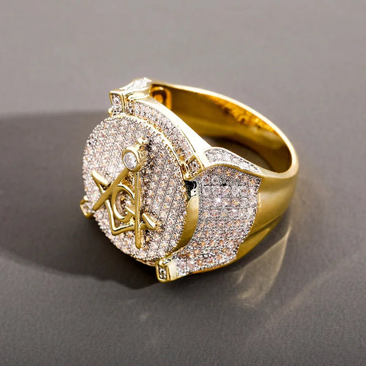 NEW Hip Hop Gold Color Plated Brass Iced Out Micro Pave Cubic Zircon Masonic Ring Charm for Men Gifts With 7 8 9 10 11