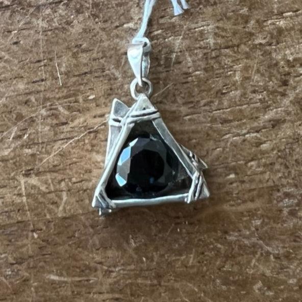 The round black CZ in the Triangle Pendant - Sterling Silver
