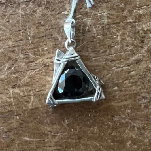 The round black CZ in the Triangle Pendant - Sterling Silver