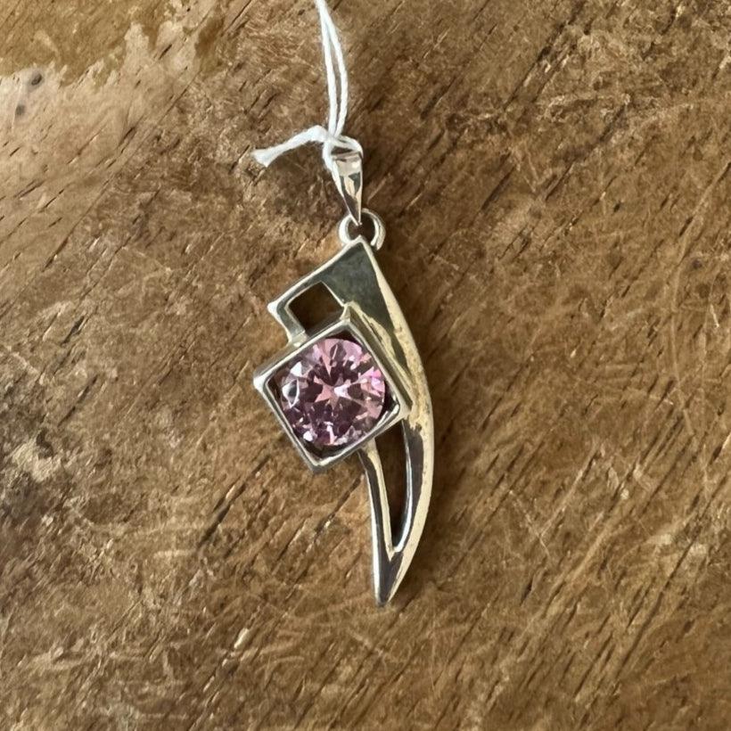 The round Pink CZ in the Square Lion Tooth Pendant - Sterling Silver
