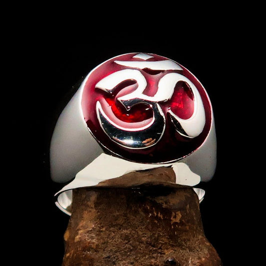 Nicely crafted domed Men's Buddhist Ring red Aum Symbol - Sterling Silver