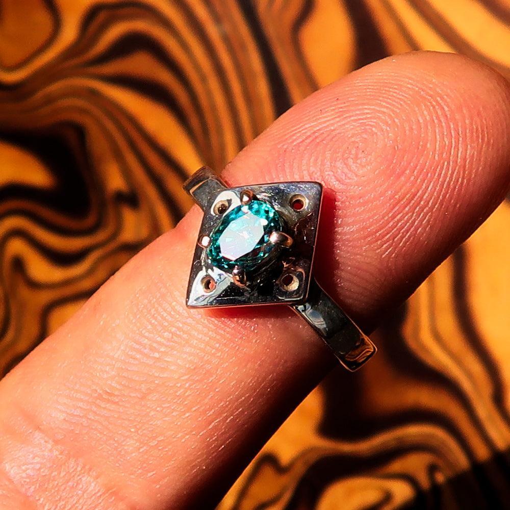 Diamond shaped Gemstone Sterling Silver Solitaire Ring with oval Cut Blue Zircon - Size 6.5