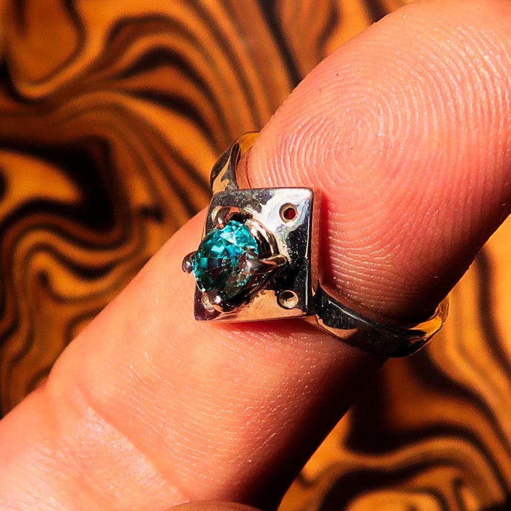 Diamond shaped Gemstone Sterling Silver Solitaire Ring with oval Cut Blue Zircon - Size 6.5