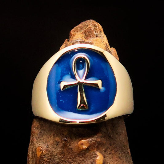 Well made Men's small blue Egyptian Ankh Cross Pinky Ring - solid Brass