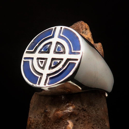 Perfectly crafted Men's Biker Ring Celtic Cross Blue - Sterling Silver