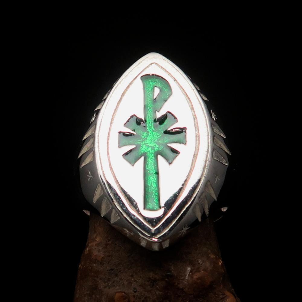 Ancient Men's Christian Monogram Cross Ring green Chi Rho XP - Sterling Silver