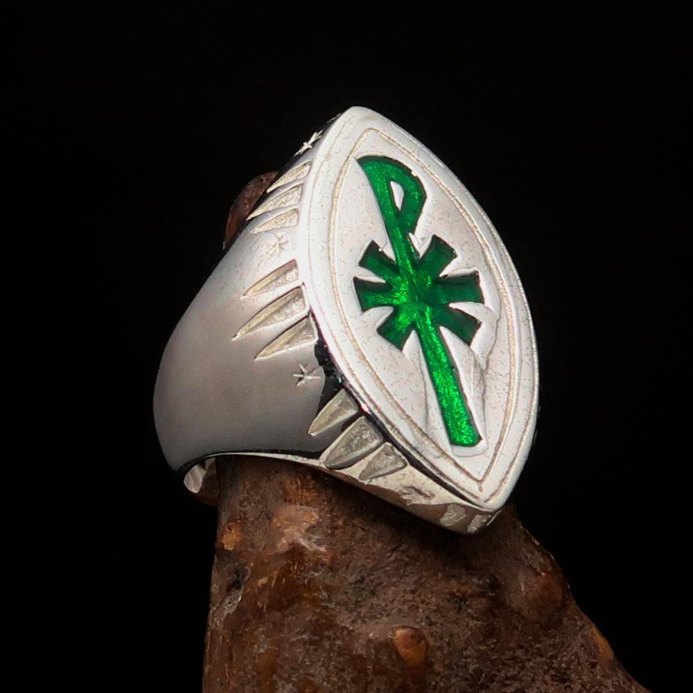 Ancient Men's Christian Monogram Cross Ring green Chi Rho XP - Sterling Silver