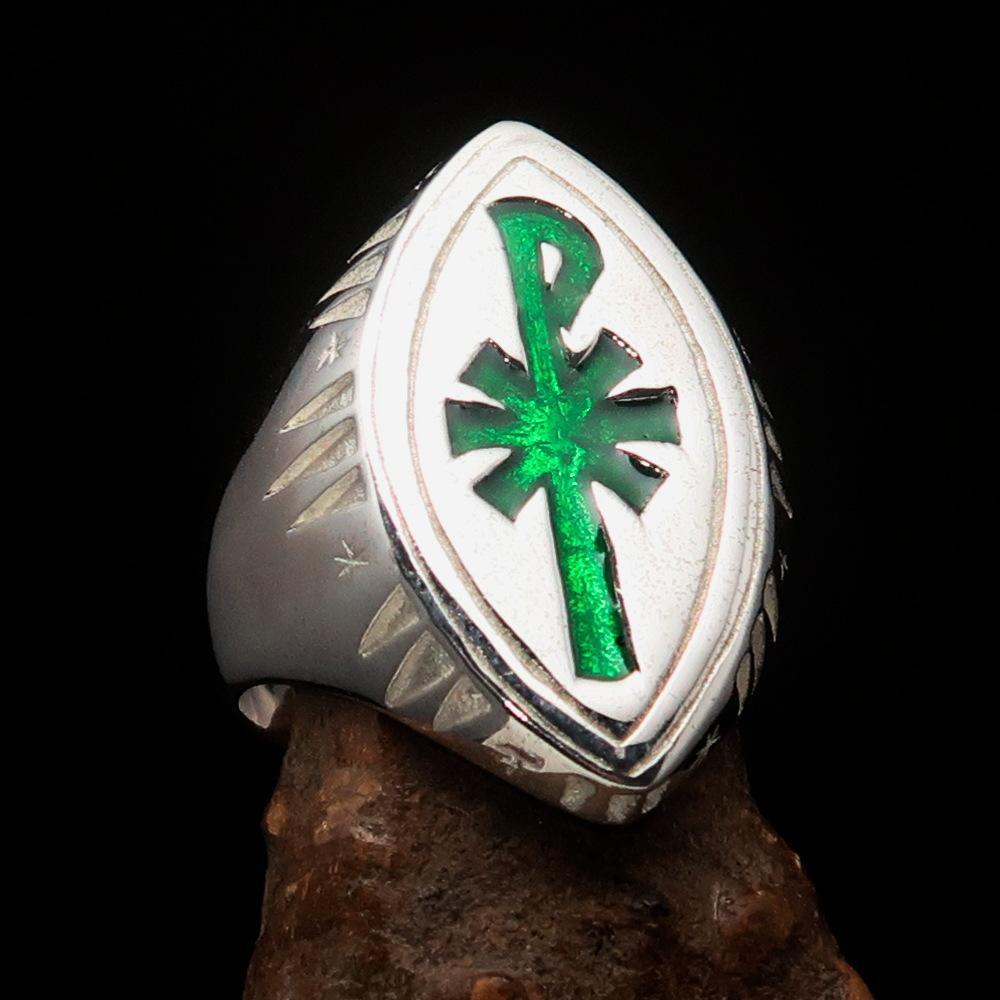 Ancient Men's Christian Monogram Cross Ring green Chi Rho XP - Sterling Silver
