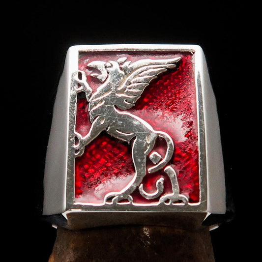 Perfectly crafted Men's Red Griffin Ring Griffon - Sterling Silver