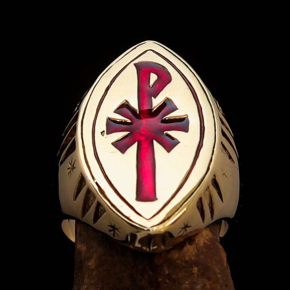 Ancient Christian Monogram Men's Cross Ring red Chi Rho XP - Solid Brass