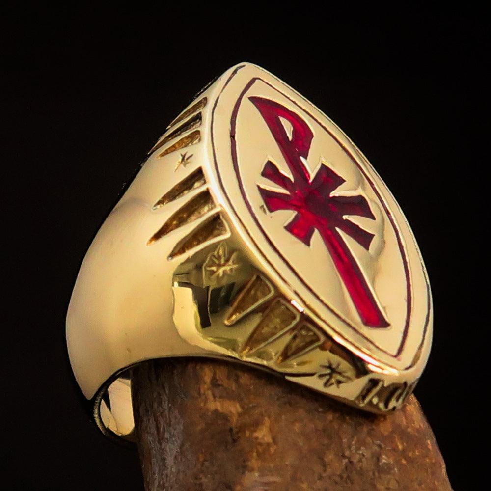 Ancient Christian Monogram Men's Cross Ring red Chi Rho XP - Solid Brass