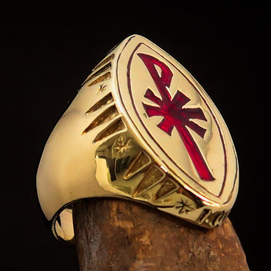 Ancient Christian Monogram Men's Cross Ring red Chi Rho XP - Solid Brass