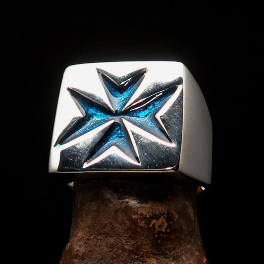 Nicely crafted Men's Knight Ring blue Maltese Cross - Sterling Silver
