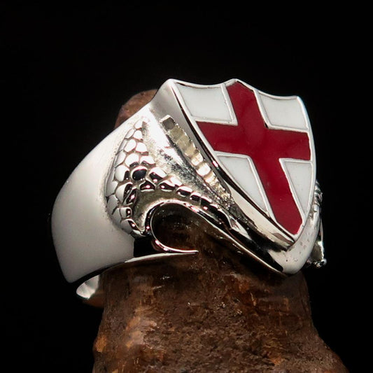 Men's Sterling Silver Shield Ring Flag of England Red Cross on White