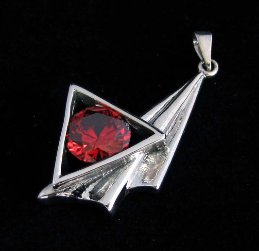 Long Asymmetric round red CZ in Triangle Pendant - Sterling Silver