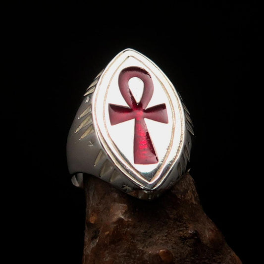 Red marquise shaped Egyptian Ankh Cross Men's Ring - Sterling Silver
