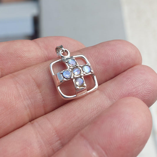 Natural Moonstone Pendant, Sterling Silver Pendant, square pendant, 5 Moonstone cross Pendant, round Moonstones, moonstone necklace