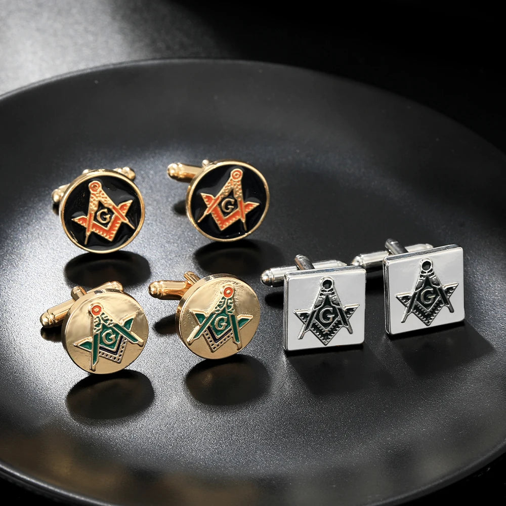Classic Silvery Mens Masonic Symbols Pattern Square Cufflinks Red And Green Colors Freemason Emblem Round Sleeve Button