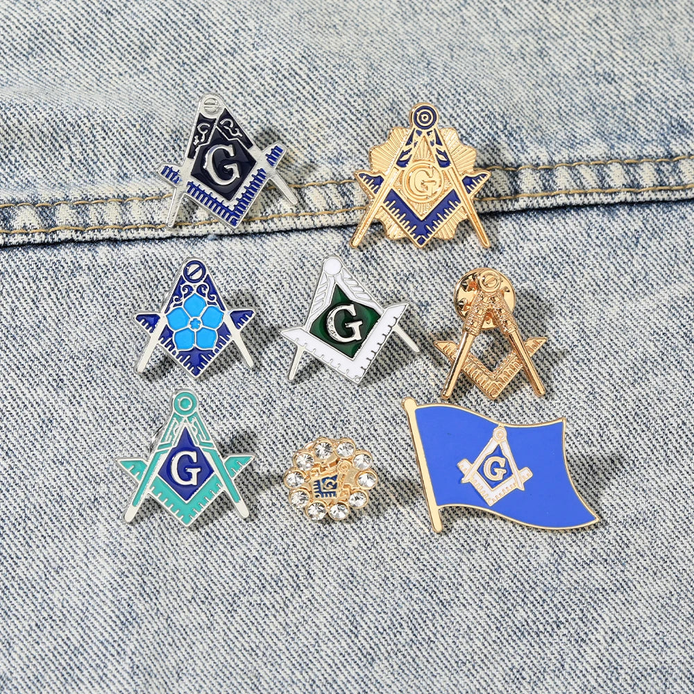 8 Styles Classic Masonic Symbols Design Enamel Pins Freemason Emblem Flag Shaped Golden Brooches