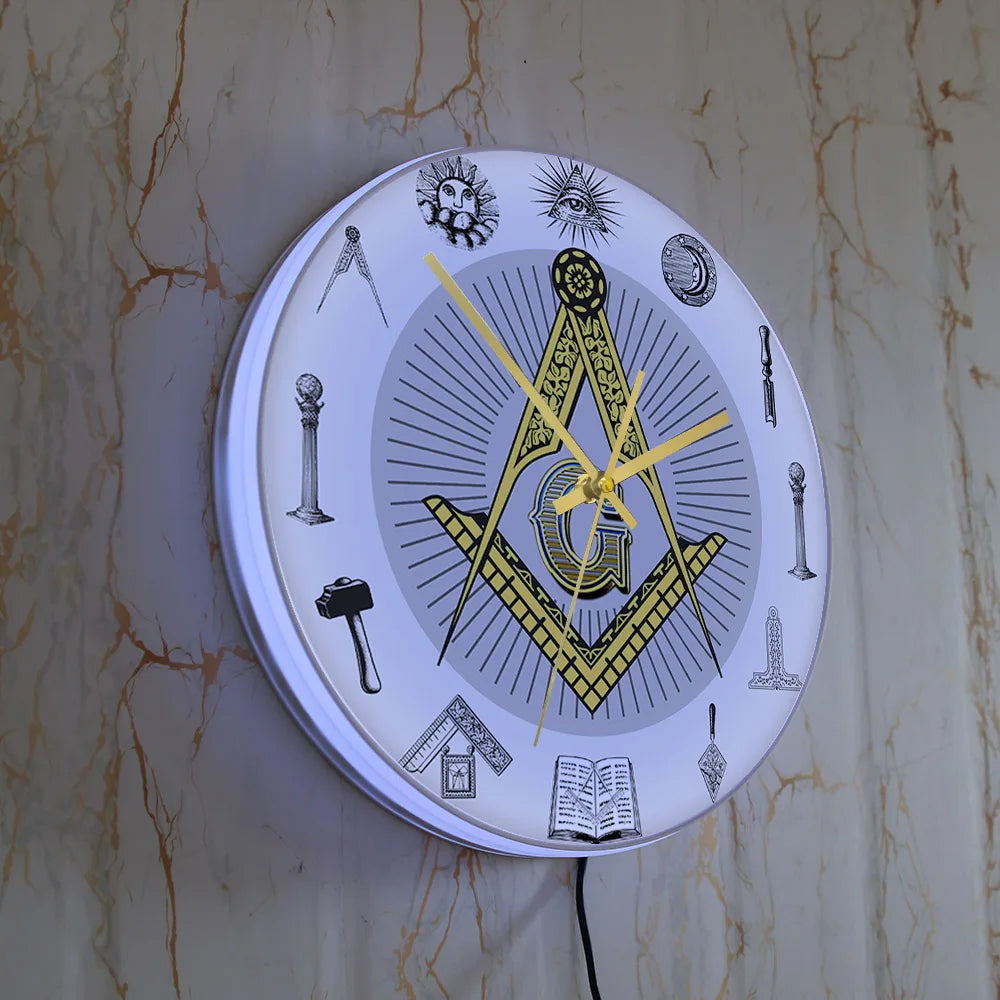 The Masonic Exchange White Square Compass Masonic Symbols Wall Clock Freemason Fancy Home Decor Clock Silent Quartz Wall Watch