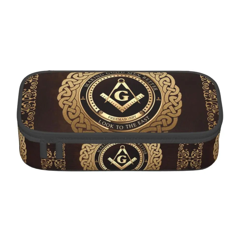 Custom Cute Gold Square Compass Masonic Freemason Pencil Cases for Freemasonry Mason Pencil Pouch School Accessories