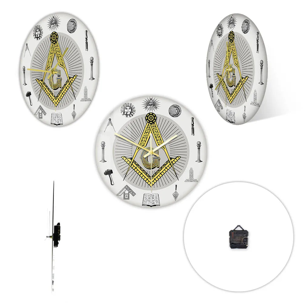 The Masonic Exchange White Square Compass Masonic Symbols Wall Clock Freemason Fancy Home Decor Clock Silent Quartz Wall Watch