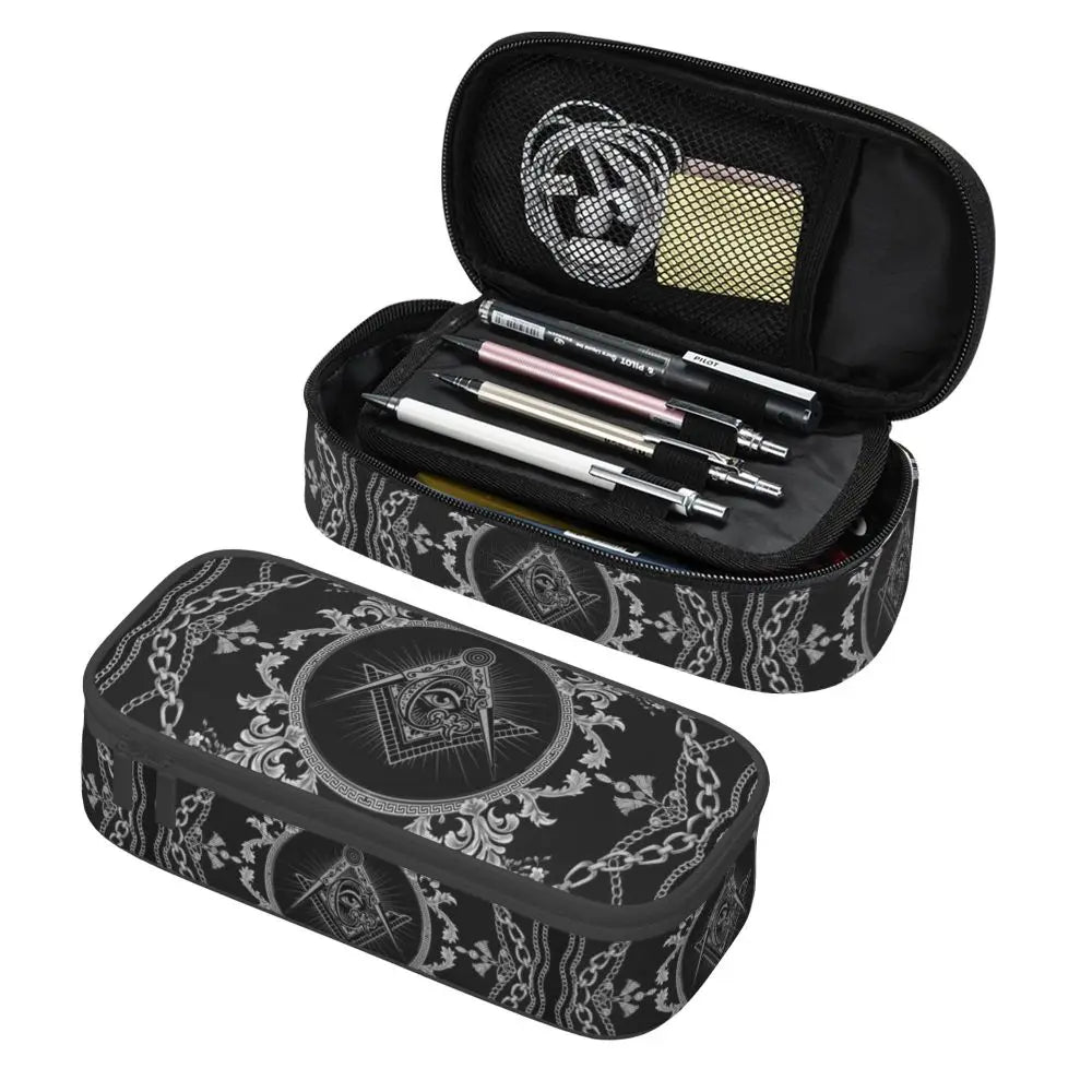 Custom Cute Gold Square Compass Masonic Freemason Pencil Cases for Freemasonry Mason Pencil Pouch School Accessories