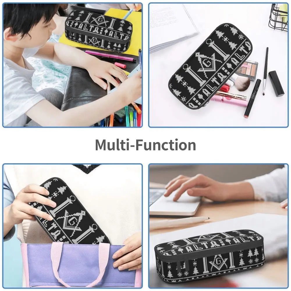 Custom Cute Gold Square Compass Masonic Freemason Pencil Cases for Freemasonry Mason Pencil Pouch School Accessories