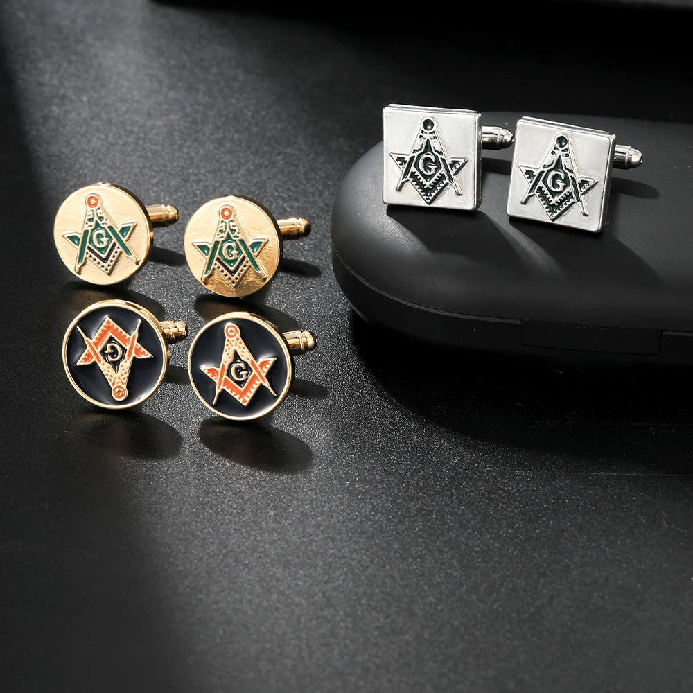 Classic Silvery Mens Masonic Symbols Pattern Square Cufflinks Red And Green Colors Freemason Emblem Round Sleeve Button
