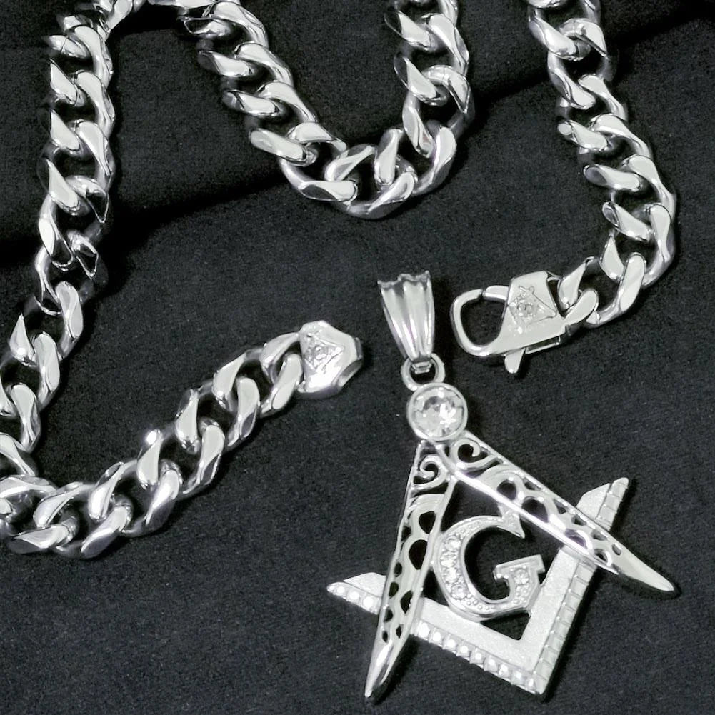 Freemasonry Masonic Mason Necklace Pendant Mens All Polished 316L Stainless Steel