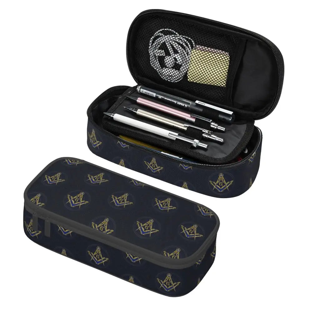 Custom Cute Gold Square Compass Masonic Freemason Pencil Cases for Freemasonry Mason Pencil Pouch School Accessories