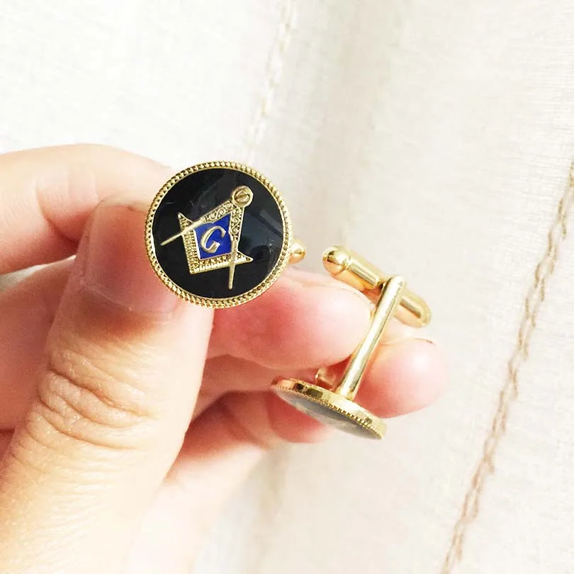 Black Round Shape Enamel Cufflinks Masonic Freemason Square and Compass Free Mason Men Enamel Cuff Links Masonry Sleeve Button