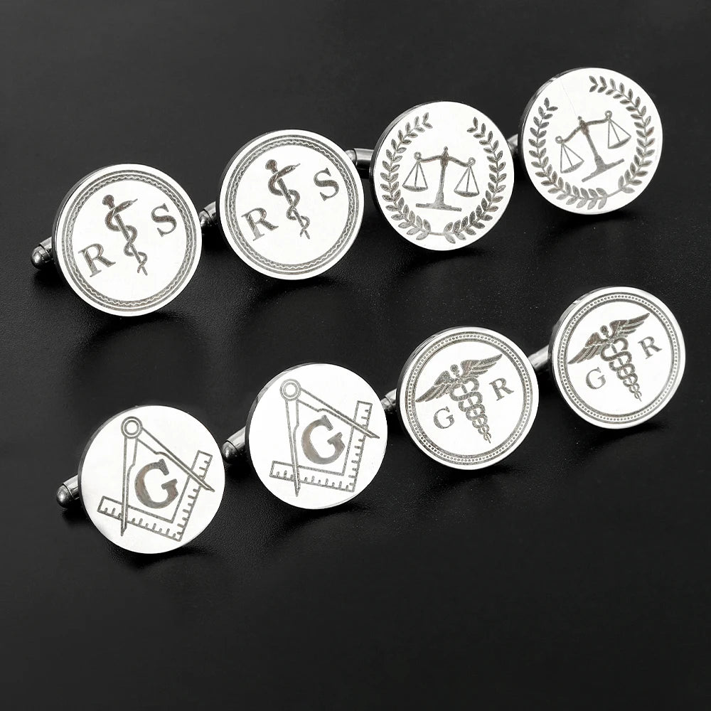 Asclepius Caduceus Masonic Legal Balance Symbol Pattern Mens Stainless Steel Cufflinks