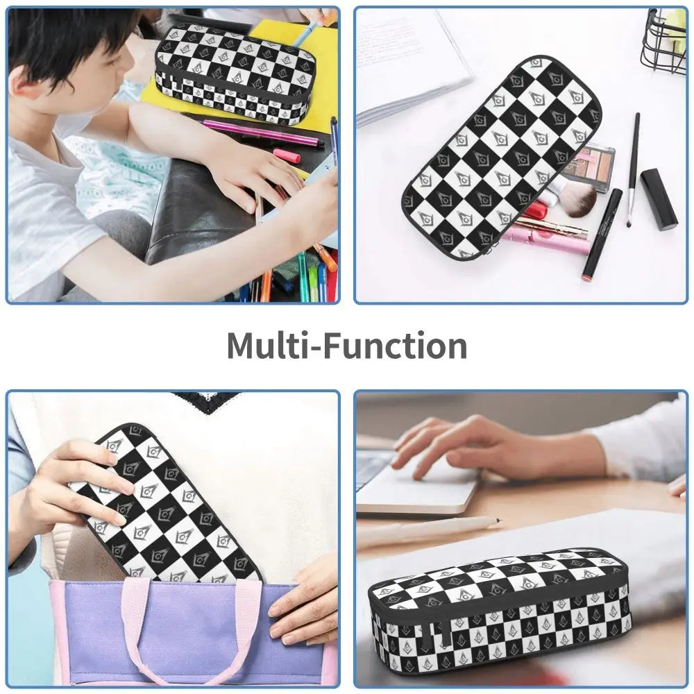 Custom Cute Gold Square Compass Masonic Freemason Pencil Cases for Freemasonry Mason Pencil Pouch School Accessories
