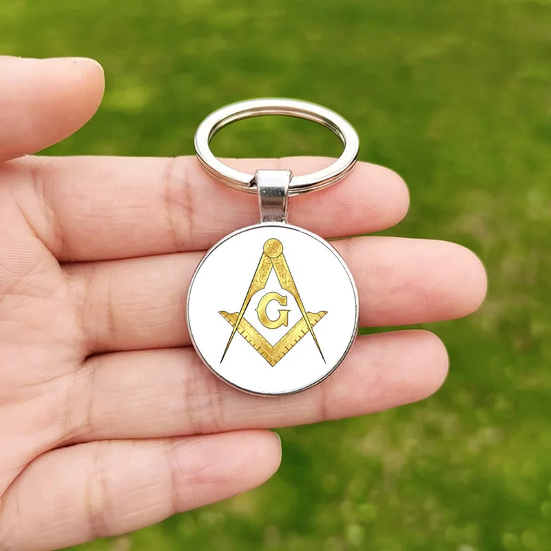 Free Mason Keychain Glass Cabochon Pendant Freemason Symbol Charm Masonic Accessories for Men Women Keychains Bag Keyring Gift