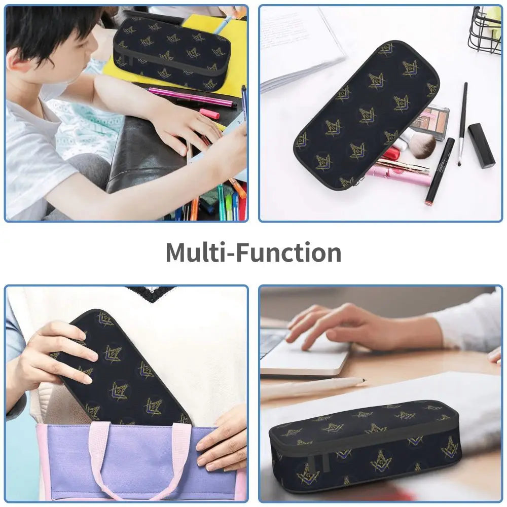 Custom Cute Gold Square Compass Masonic Freemason Pencil Cases for Freemasonry Mason Pencil Pouch School Accessories