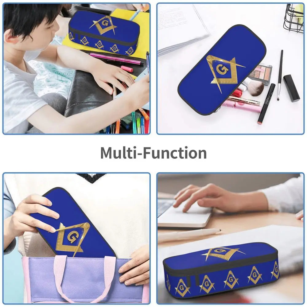 Custom Cute Gold Square Compass Masonic Freemason Pencil Cases for Freemasonry Mason Pencil Pouch School Accessories