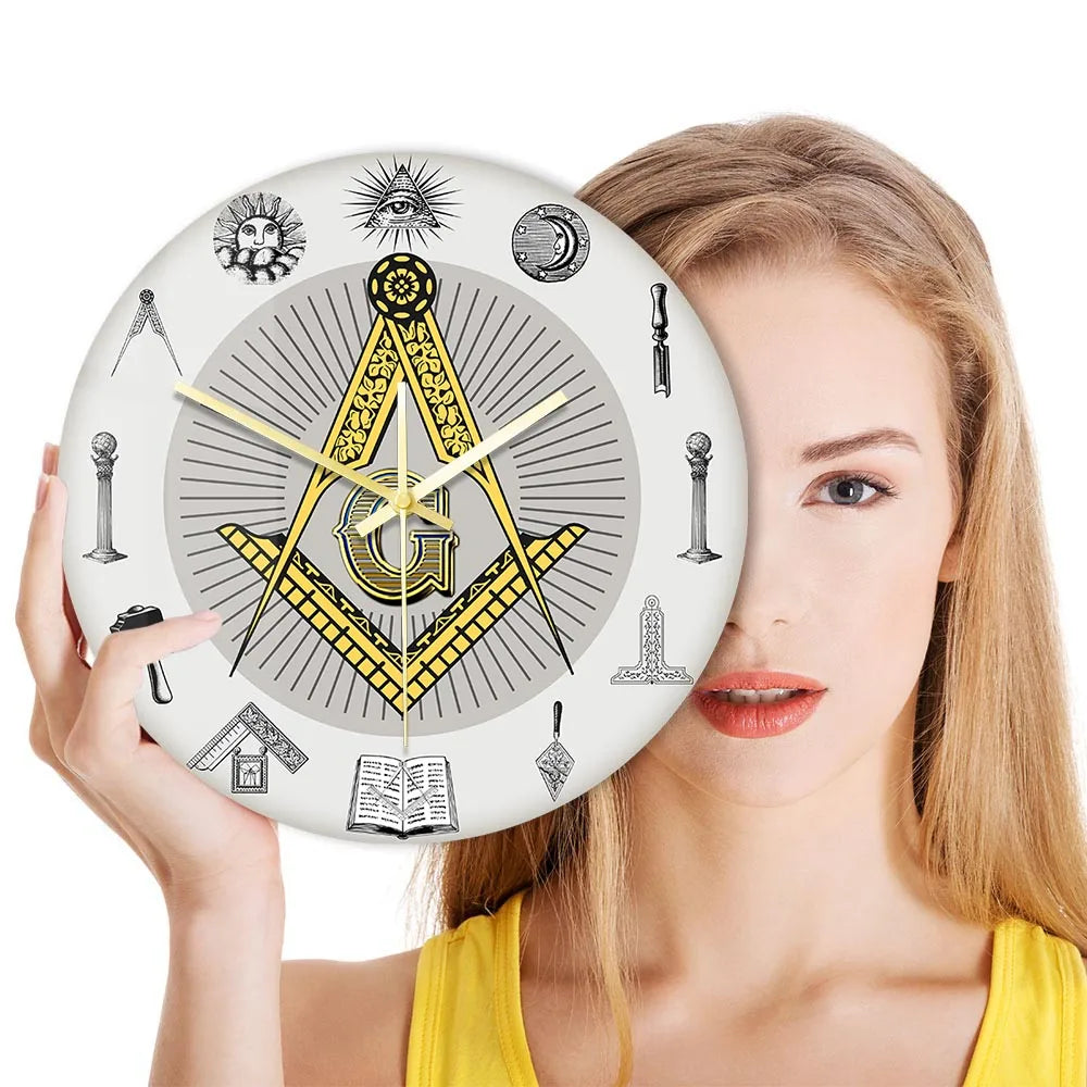 The Masonic Exchange White Square Compass Masonic Symbols Wall Clock Freemason Fancy Home Decor Clock Silent Quartz Wall Watch