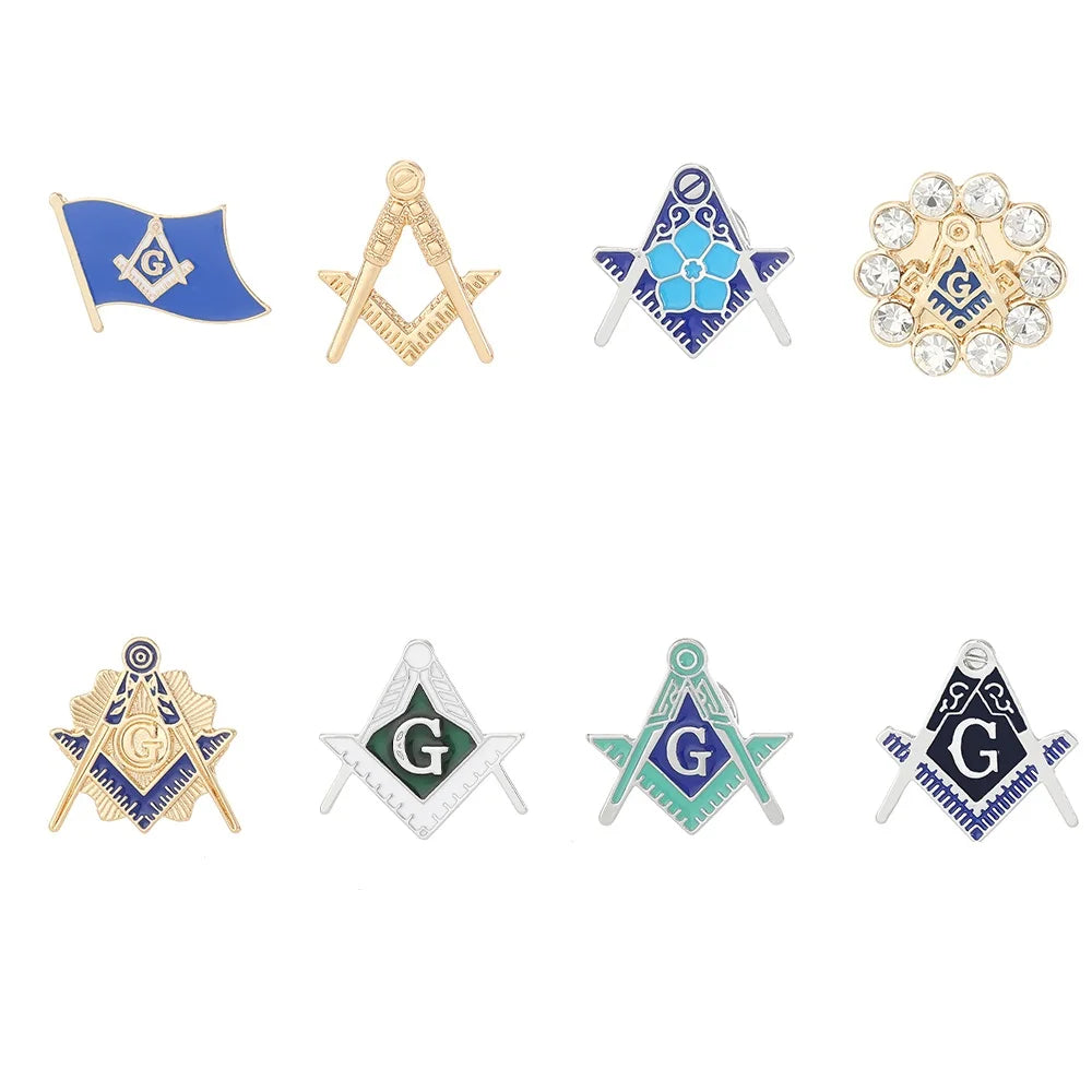 8 Styles Classic Masonic Symbols Design Enamel Pins Freemason Emblem Flag Shaped Golden Brooches