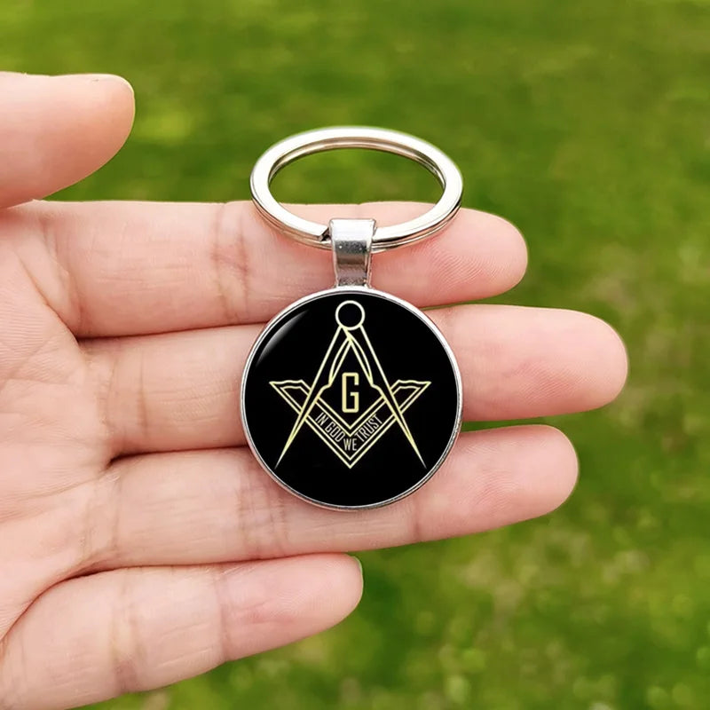 Free Mason Keychain Glass Cabochon Pendant Freemason Symbol Charm Masonic Accessories for Men Women Keychains Bag Keyring Gift