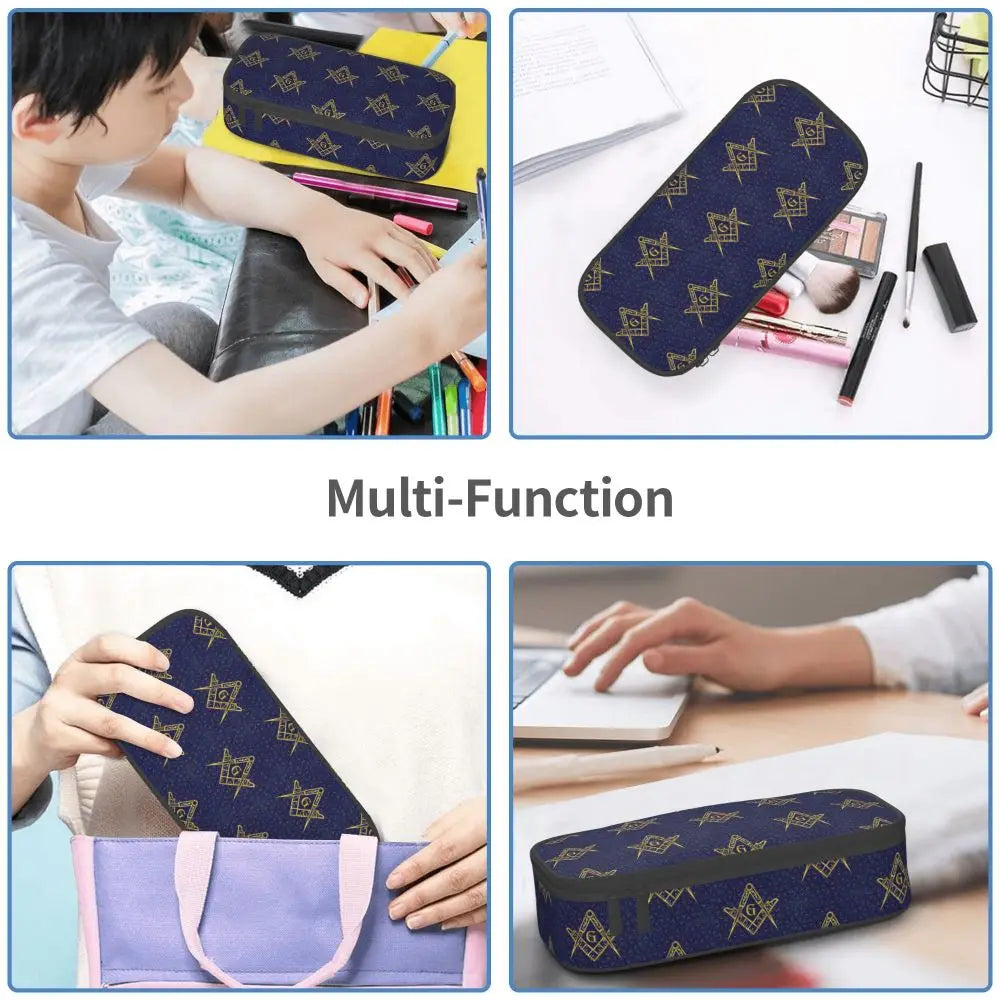 Custom Cute Gold Square Compass Masonic Freemason Pencil Cases for Freemasonry Mason Pencil Pouch School Accessories