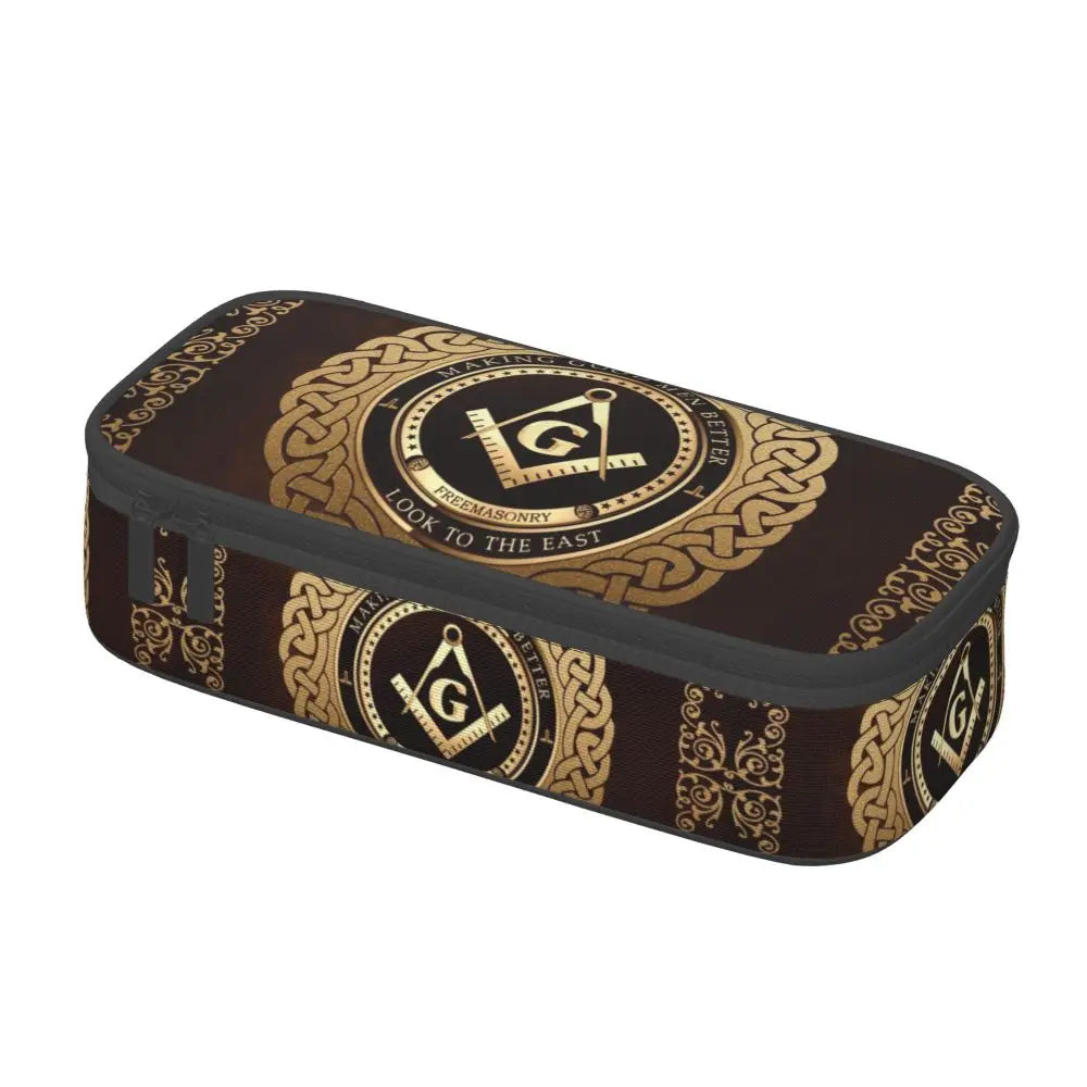 Custom Cute Gold Square Compass Masonic Freemason Pencil Cases for Freemasonry Mason Pencil Pouch School Accessories