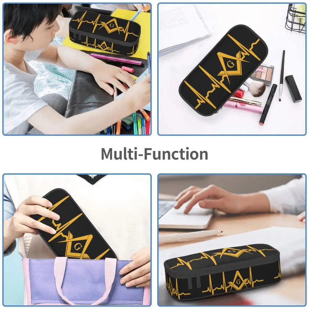 Custom Cute Gold Square Compass Masonic Freemason Pencil Cases for Freemasonry Mason Pencil Pouch School Accessories