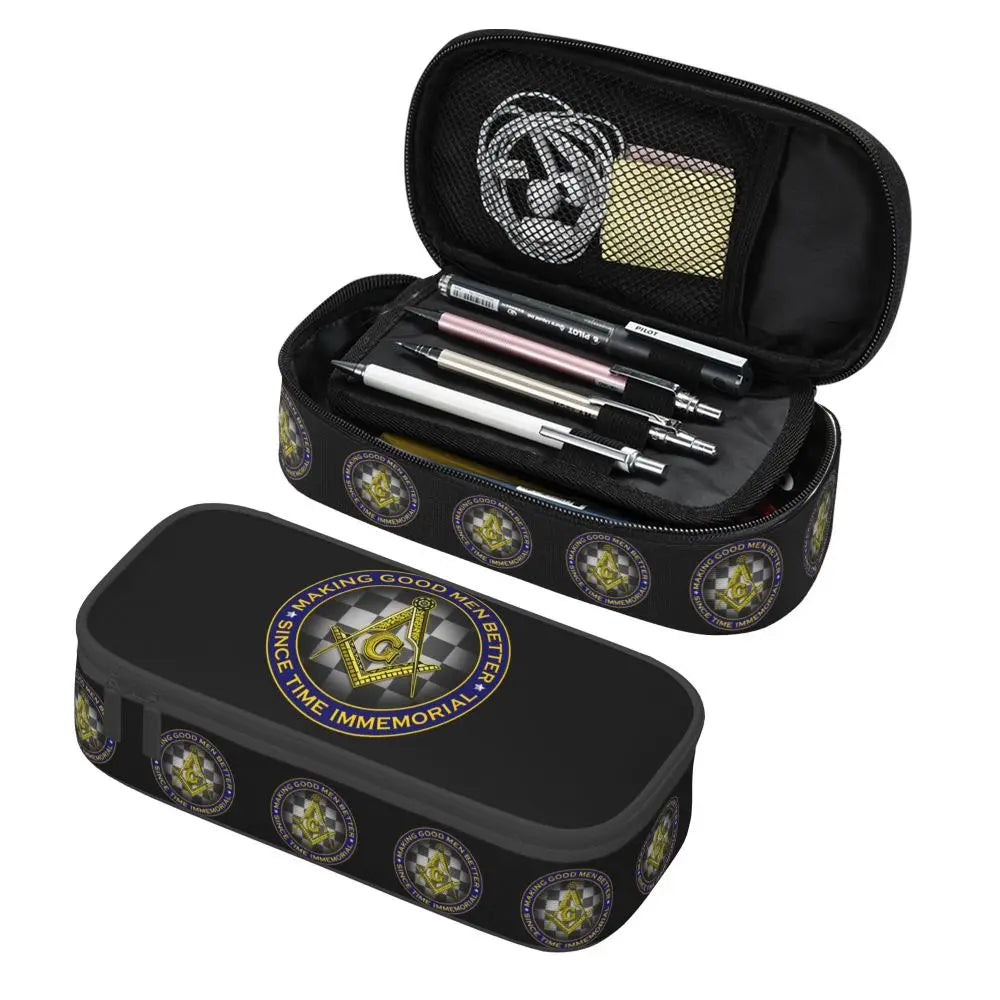 Custom Cute Gold Square Compass Masonic Freemason Pencil Cases for Freemasonry Mason Pencil Pouch School Accessories