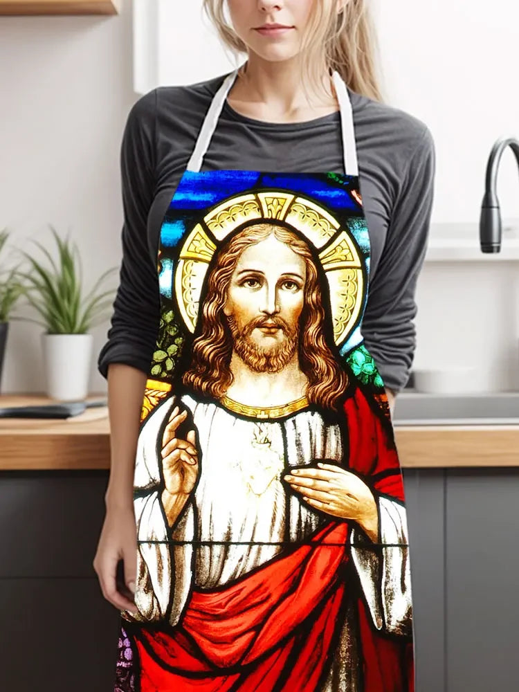 Vintage Religion Jesus Print Kitchen Aprons Women Men Home Cleaning Clothing Linen Pinafore Waterproof Chef Cooking Apron