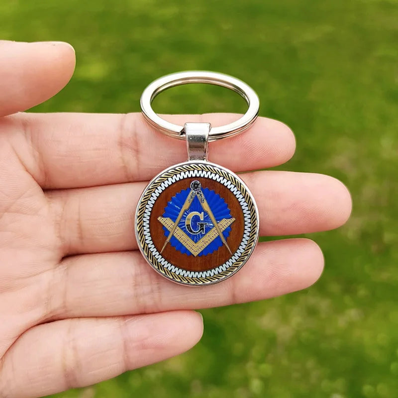 Free Mason Keychain Glass Cabochon Pendant Freemason Symbol Charm Masonic Accessories for Men Women Keychains Bag Keyring Gift