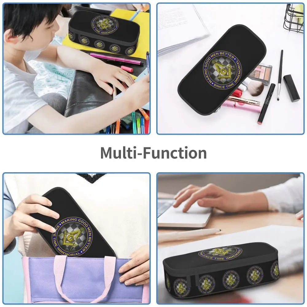 Custom Cute Gold Square Compass Masonic Freemason Pencil Cases for Freemasonry Mason Pencil Pouch School Accessories